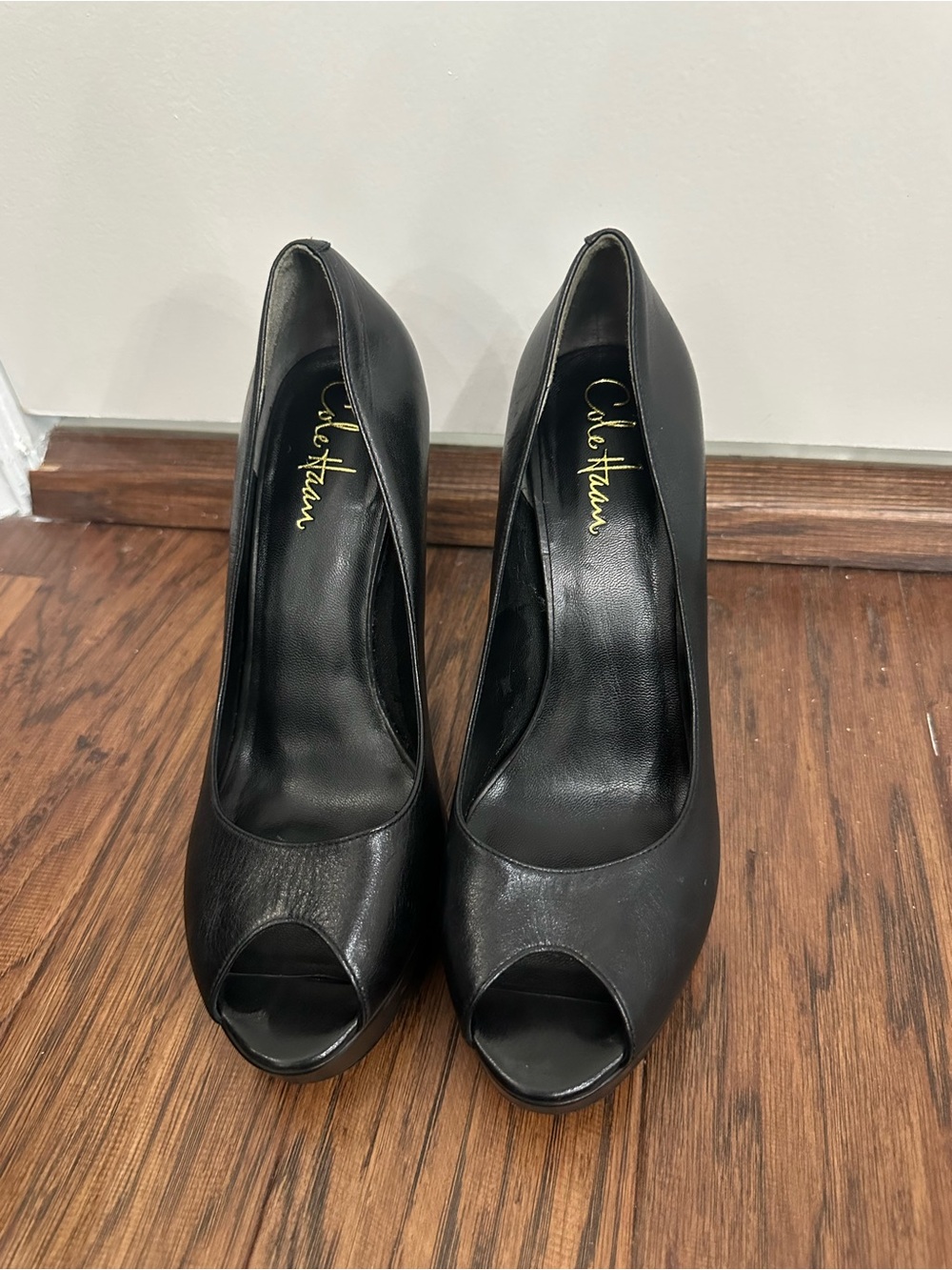 COLE HAAN Black Leather Peep-Toe Heels x Nike Air Size 8